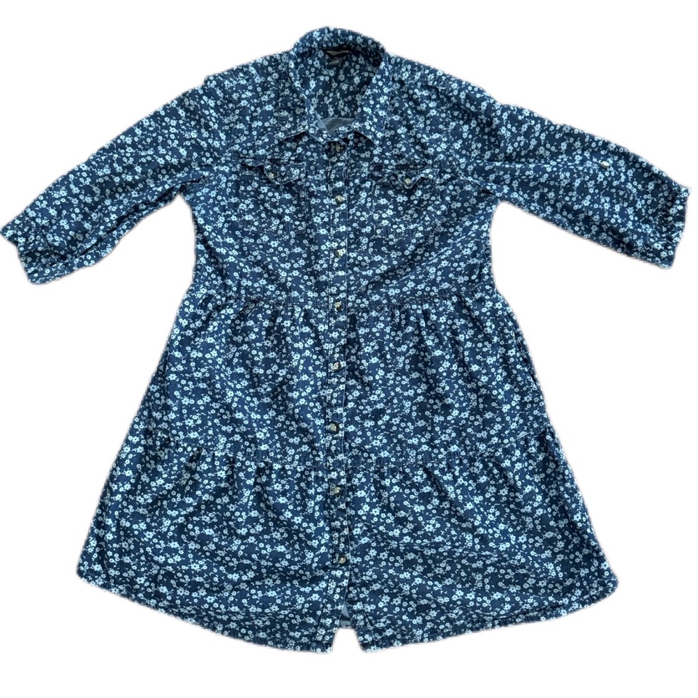 Millenium denim dress Size L floral mini buttons  100% cotton 3/4 sleeve VGUC